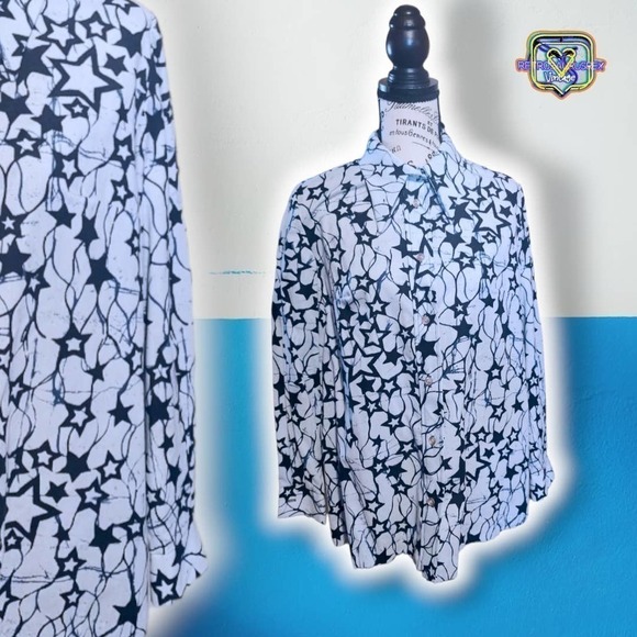 Vintage 70s Funky Blue Star Collared Button Up Shirt, Large - Picture 5 of 8